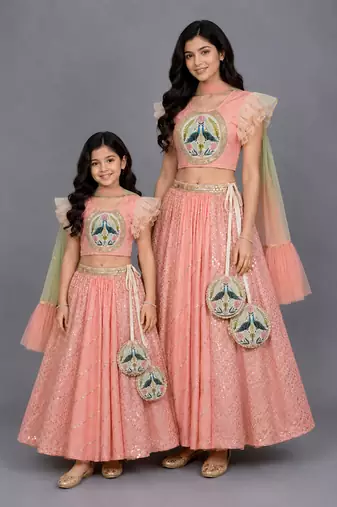 Mother daughter peach peacock printed chanderi lehenga set