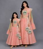 Mother daughter peach peacock printed chanderi lehenga set