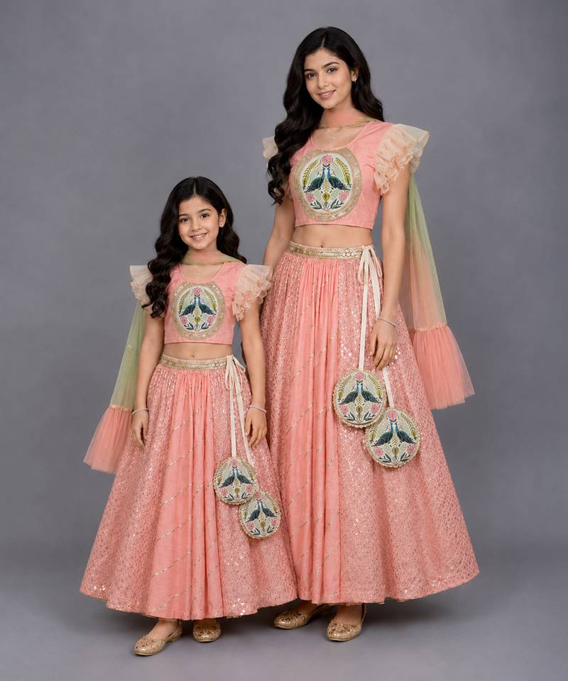 Mother daughter peach peacock printed chanderi lehenga set