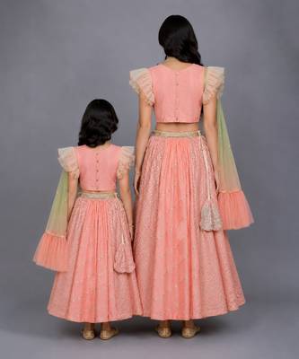 Mother daughter peach peacock printed chanderi lehenga set 2