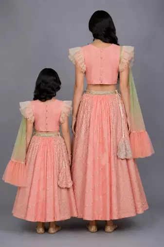 Mother daughter peach peacock printed chanderi lehenga set