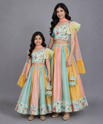 Mother daughter green floral printed off shoulder lehenga set 1
