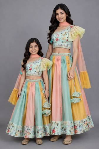 Mother daughter green floral printed off shoulder lehenga set