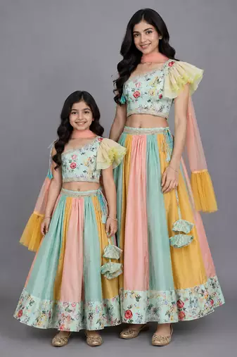 Mother daughter green floral printed off shoulder lehenga set