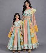 Mother daughter green floral printed off shoulder lehenga set