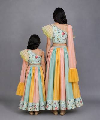 Mother daughter green floral printed off shoulder lehenga set 2