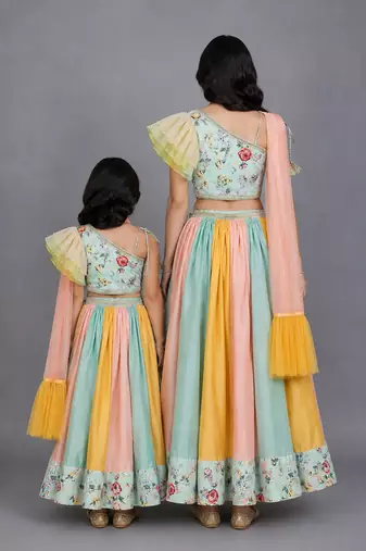 Mother daughter green floral printed off shoulder lehenga set