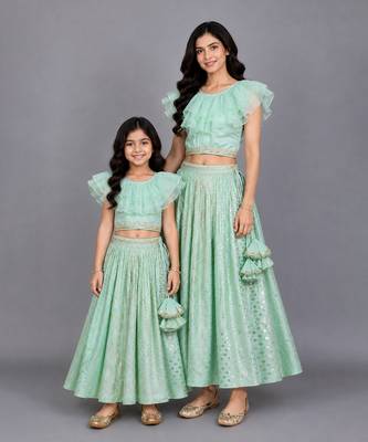 Mother daughter pastel green organza frill chanderi lehenga set 1
