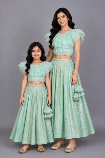 Mother daughter pastel green organza frill chanderi lehenga set