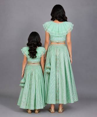 Mother daughter pastel green organza frill chanderi lehenga set 2