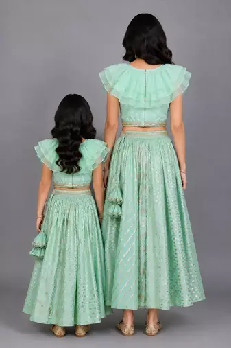 Mother daughter pastel green organza frill chanderi lehenga set