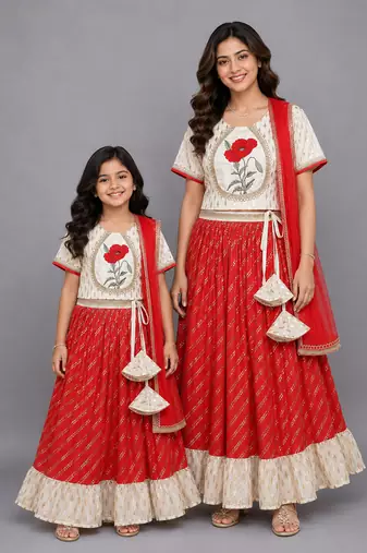 Mother daughter off white embroidered chanderi lehenga set