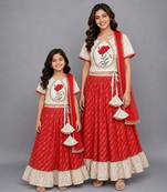 Mother daughter off white embroidered chanderi lehenga set