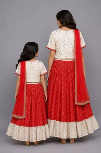 Mother daughter off white embroidered chanderi lehenga set