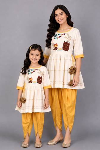 Mother daughter off white embroidery angrakha dhoti set