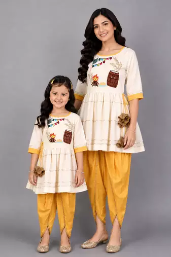 Mother daughter off white embroidery angrakha dhoti set