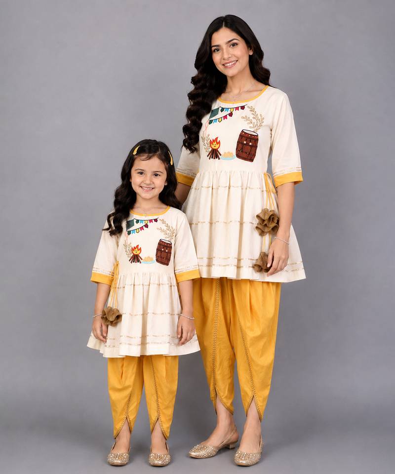 Mother daughter off white embroidery angrakha dhoti set