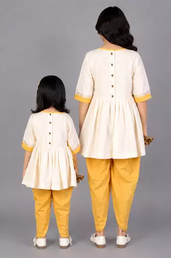 Mother daughter off white embroidery angrakha dhoti set