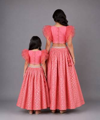 Mother daughter coral pink ruffled blouse with cotton zari lehenga set 2