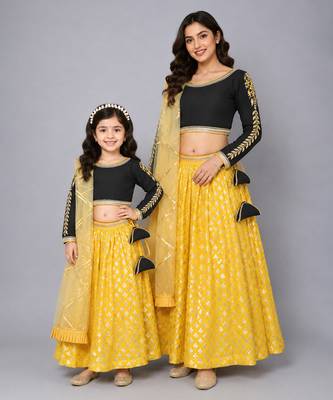 Mother daughter black blouse with cotton zari lehenga set 1