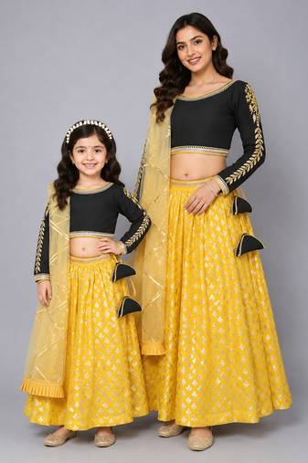 Mother daughter black blouse with cotton zari lehenga set