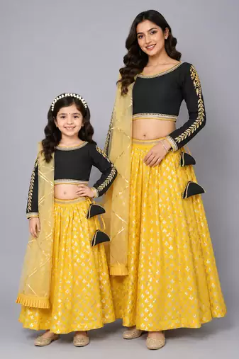 Mother daughter black blouse with cotton zari lehenga set