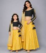 Mother daughter black blouse with cotton zari lehenga set