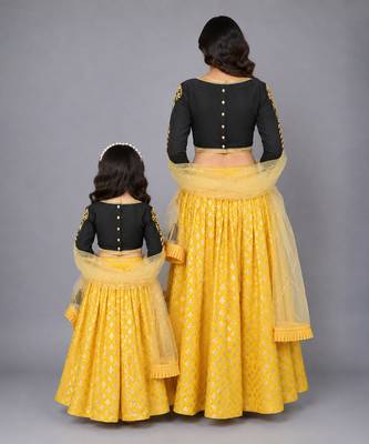 Mother daughter black blouse with cotton zari lehenga set 2