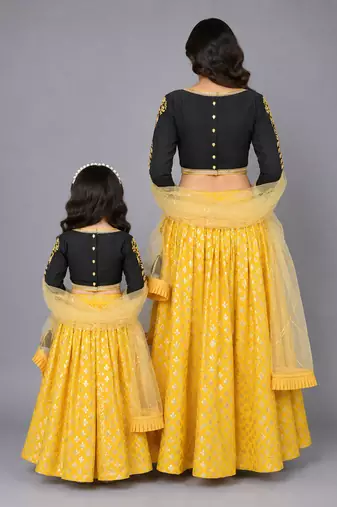 Mother daughter black blouse with cotton zari lehenga set