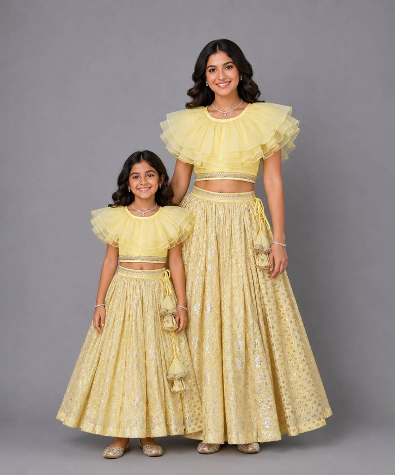 Mother daughter lime yellow organza frill chanderi lehenga set