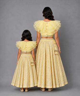 Mother daughter lime yellow organza frill chanderi lehenga set 2