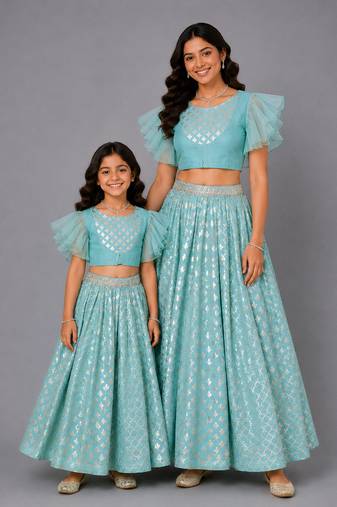 Mother daughter blue ruffled blouse with cotton zari lehenga set