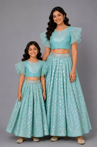 Mother daughter blue ruffled blouse with cotton zari lehenga set