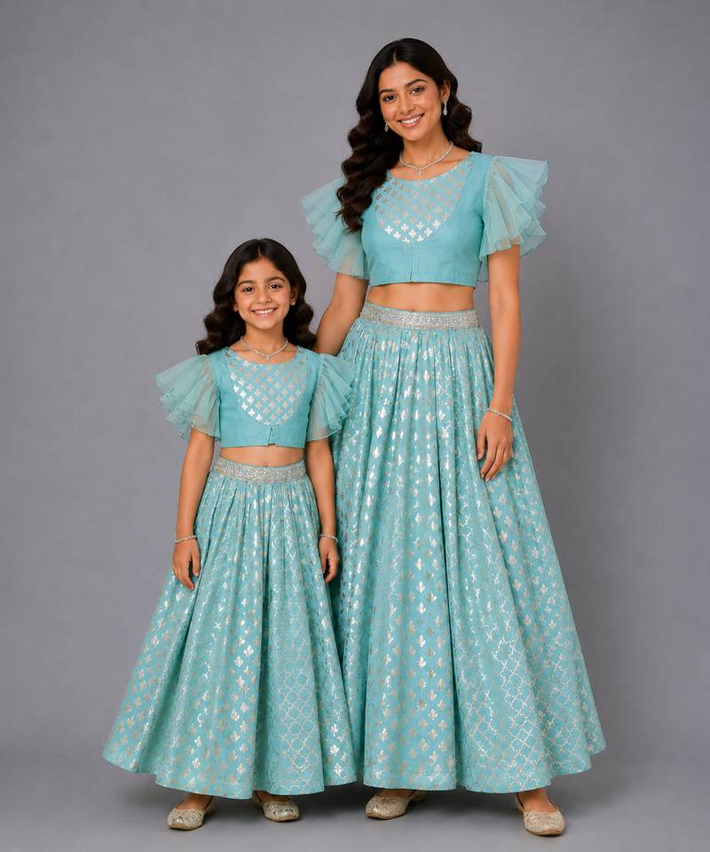 Mother daughter blue ruffled blouse with cotton zari lehenga set