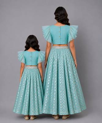 Mother daughter blue ruffled blouse with cotton zari lehenga set 2