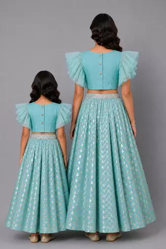 Mother daughter blue ruffled blouse with cotton zari lehenga set