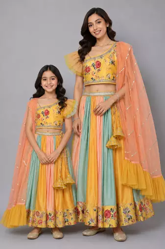 Mother daughter yellow floral printed off shoulder lehenga set