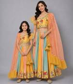 Mother daughter yellow floral printed off shoulder lehenga set