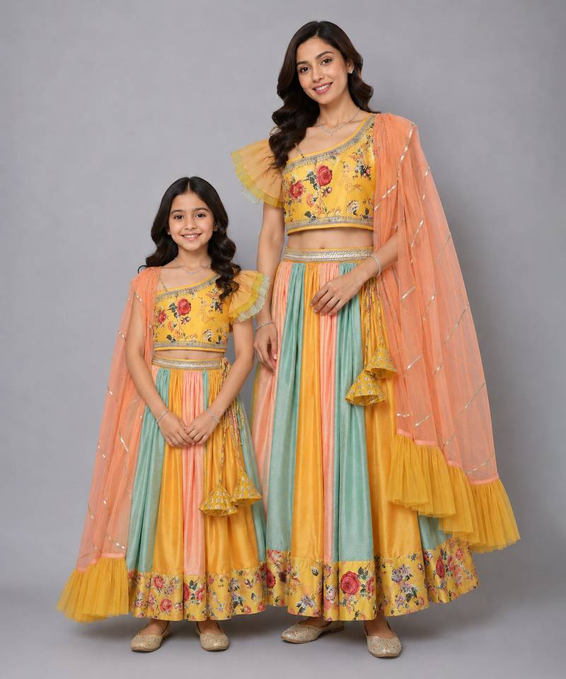 Mother daughter yellow floral printed off shoulder lehenga set