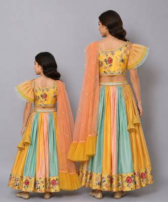 Mother daughter yellow floral printed off shoulder lehenga set 2