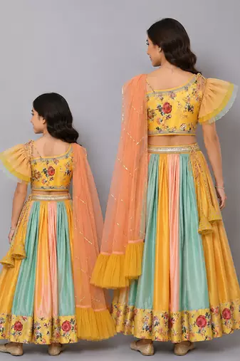 Mother daughter yellow floral printed off shoulder lehenga set