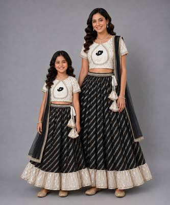 Mother daughter off white black embroidered chanderi lehenga set 1