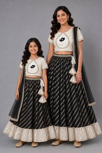 Mother daughter off white black embroidered chanderi lehenga set