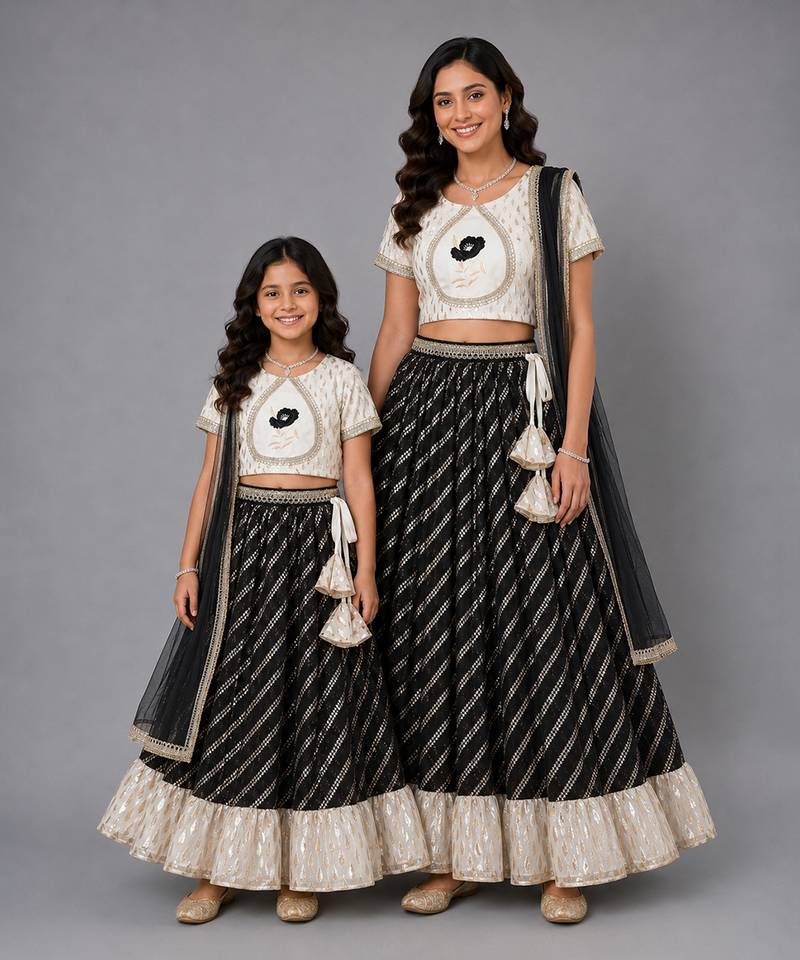 Mother daughter off white black embroidered chanderi lehenga set