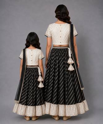 Mother daughter off white black embroidered chanderi lehenga set 2