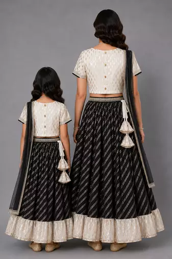 Mother daughter off white black embroidered chanderi lehenga set