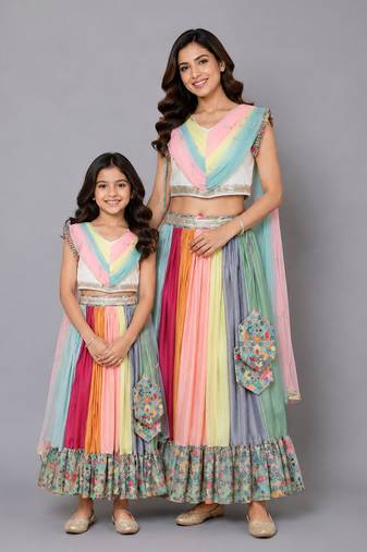 Mother daughter printed lehenga set with attached dupatta