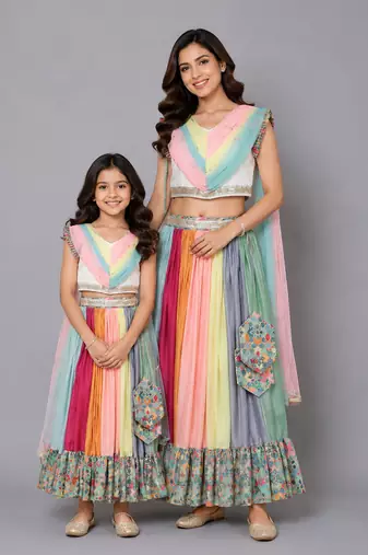 Mother daughter printed lehenga set with attached dupatta