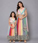 Mother daughter printed lehenga set with attached dupatta