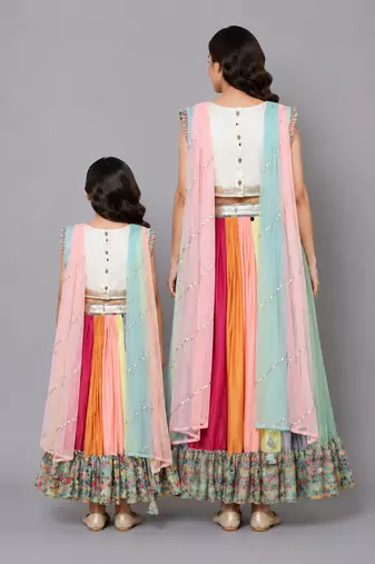 Mother daughter printed lehenga set with attached dupatta